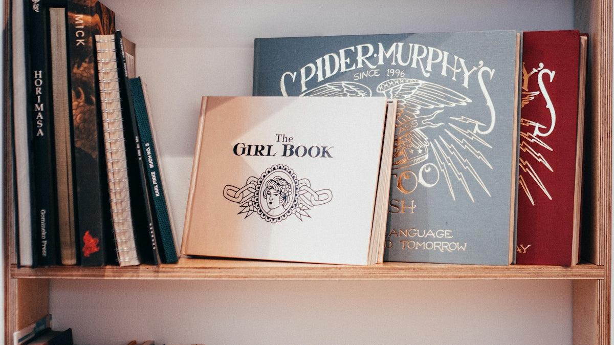 white and brown book on white wooden shelf