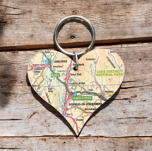 Book cover of: OS Map Wooden Heart Key-ring - Lake District National Park