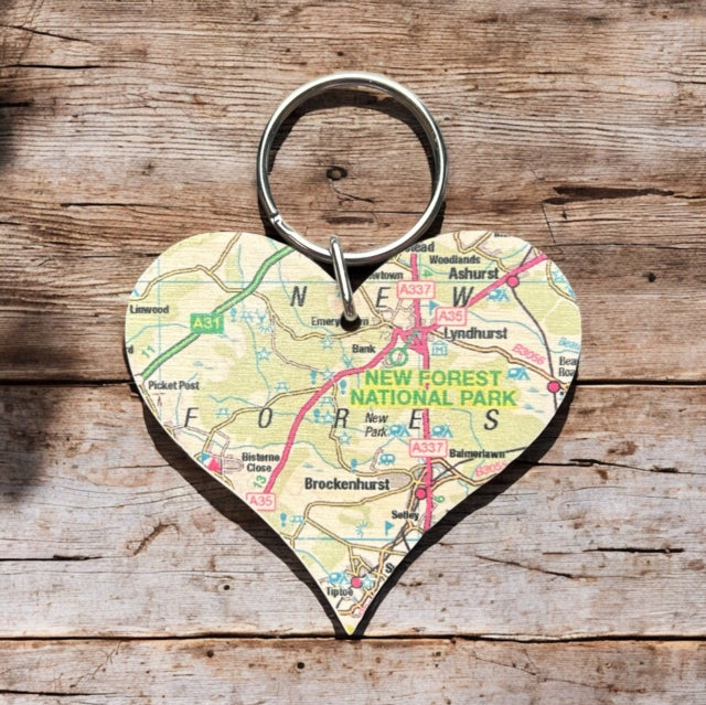 Book cover of: OS Map Wooden Heart Key-ring - New Forest National Park