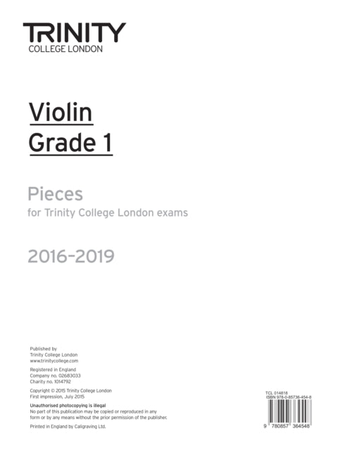 Book cover of: Violin Exam Pieces Grade 1 2016-2019. By: TRINITY COLLEGE LONDON