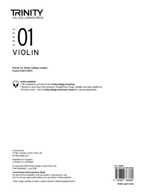 Book cover of: Trinity College London Violin Exam Pieces From 2020: Grade 1 (part only). By: Trinity College London