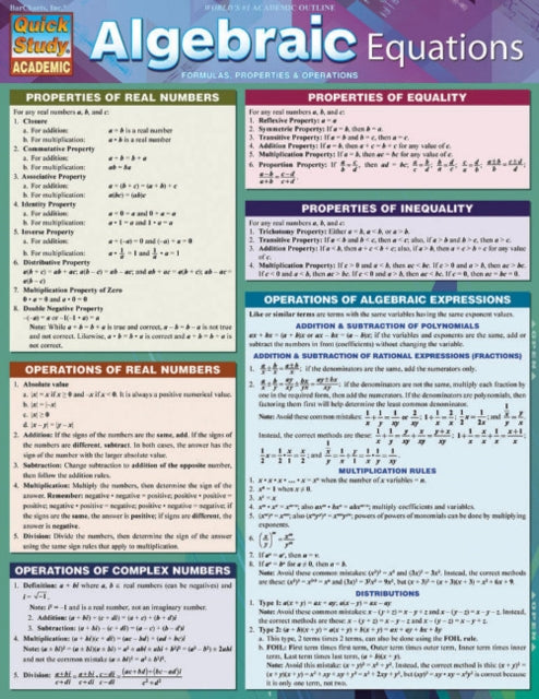 Book cover of: Algebraic Equations. By: BarCharts Inc.