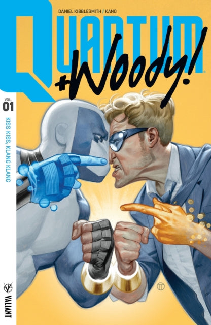 Book cover of: Quantum and Woody! (2017) Volume 1: Kiss Kiss, Klang Klang. By: Daniel Kibblesmith