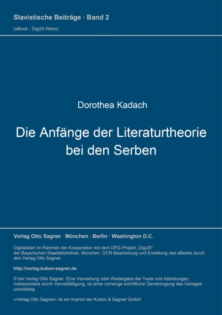 Book cover of: Die Anfaenge der Literaturtheorie bei den Serben. By: Dorothea Kadach