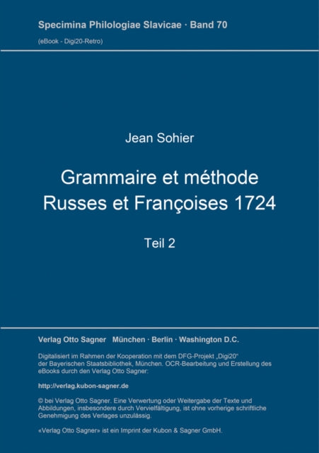 Book cover of: Grammaire et methode Russes et Francoises 1724. Teil 2. By: Jean Sohier