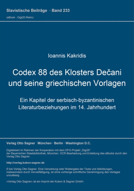 Book cover of: Codex 88 des Klosters Decani und seine griechischen Vorlagen